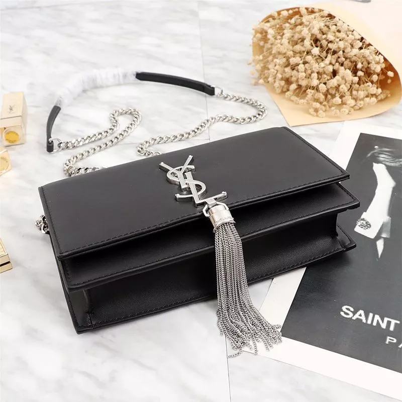 CHEAP Saint Laurent Large Kate Chain Wallet with Tassel In Leather Black Silver 0116