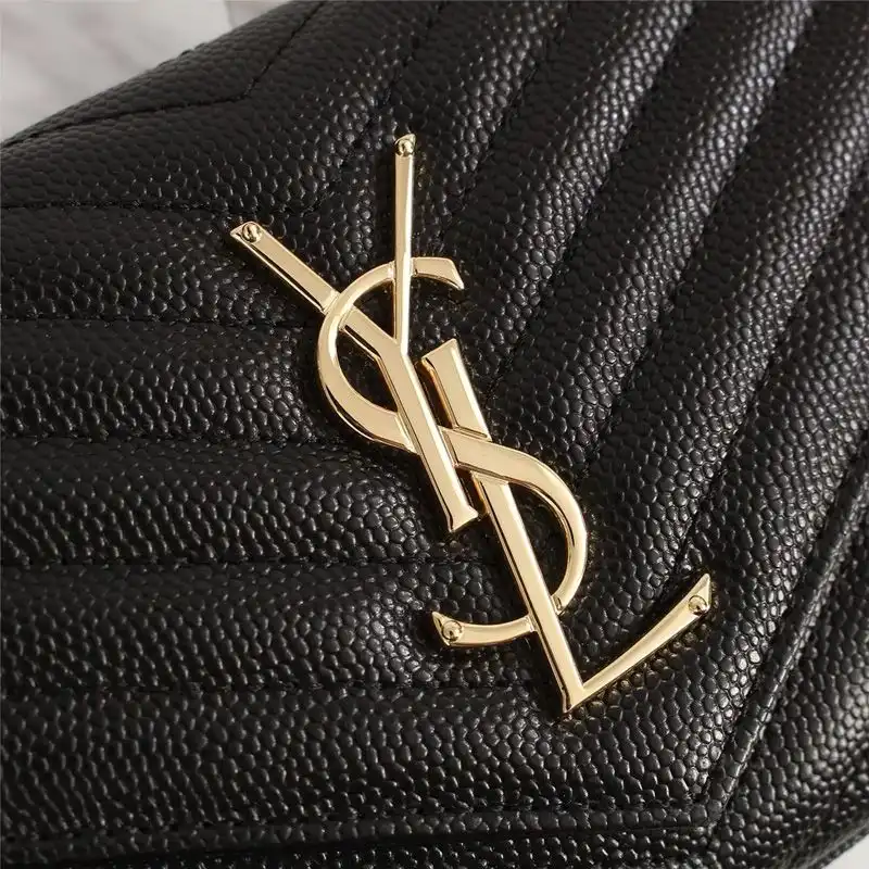 CHEAP Saint Laurent Large Monogram Chain Wallet In Grained Matelasse Leather Black Gold 0129