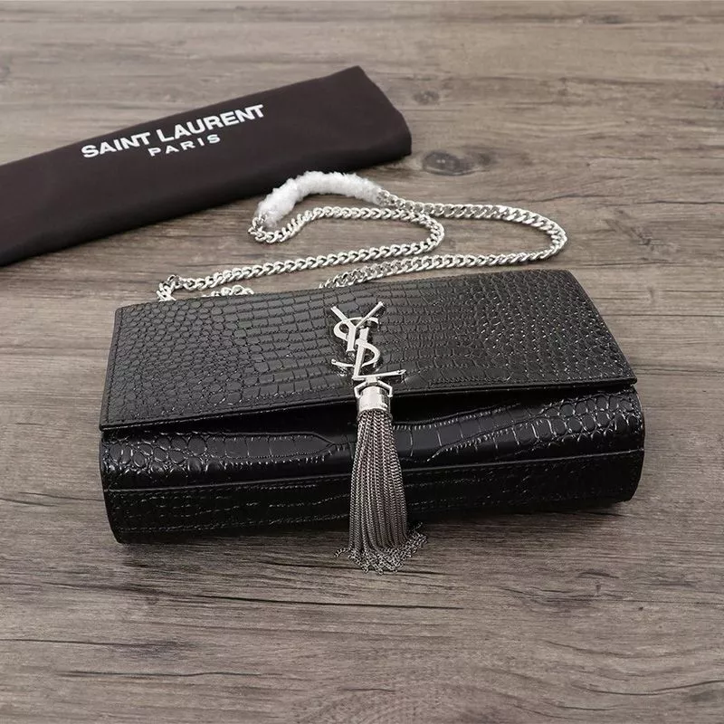 CHEAP Saint Laurent Medium Kate Chain Bag with Tassel In Crocodile Embossed Shiny Leather Black Silver 0120