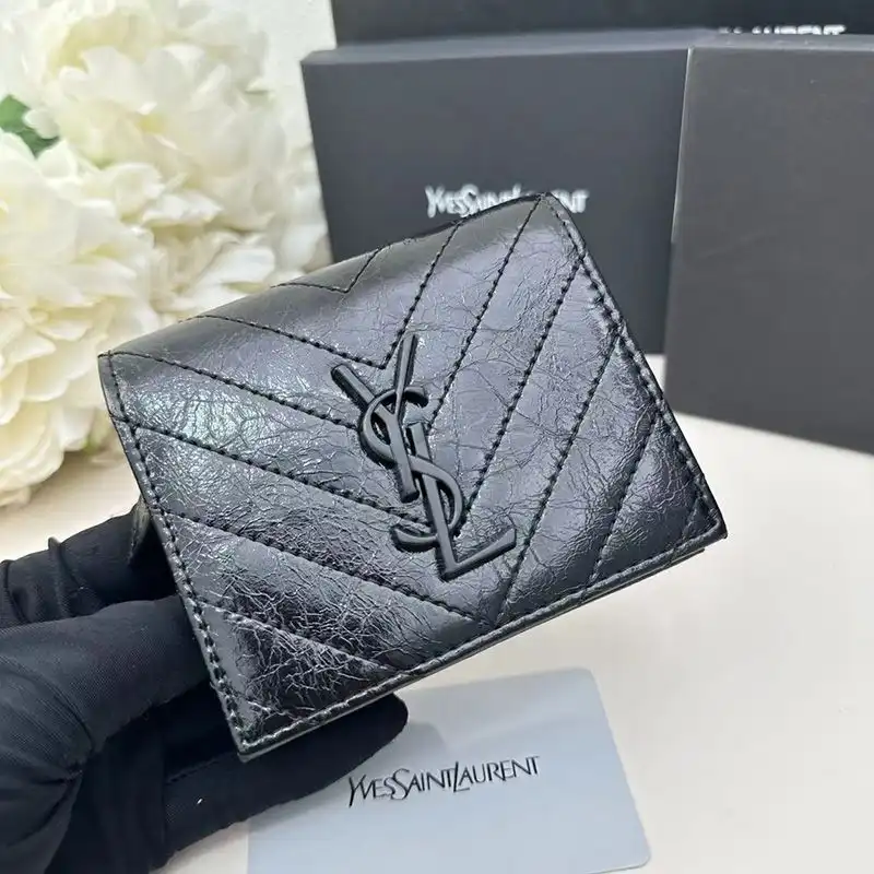 CHEAP Saint Laurent Small Cassandra Bifold Wallet In Crinkled Matelasse Leather Black 0129