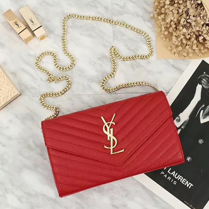 Saint Laurent Large Monogram Chain Wallet In Grained Matelasse Leather Red Gold 0113