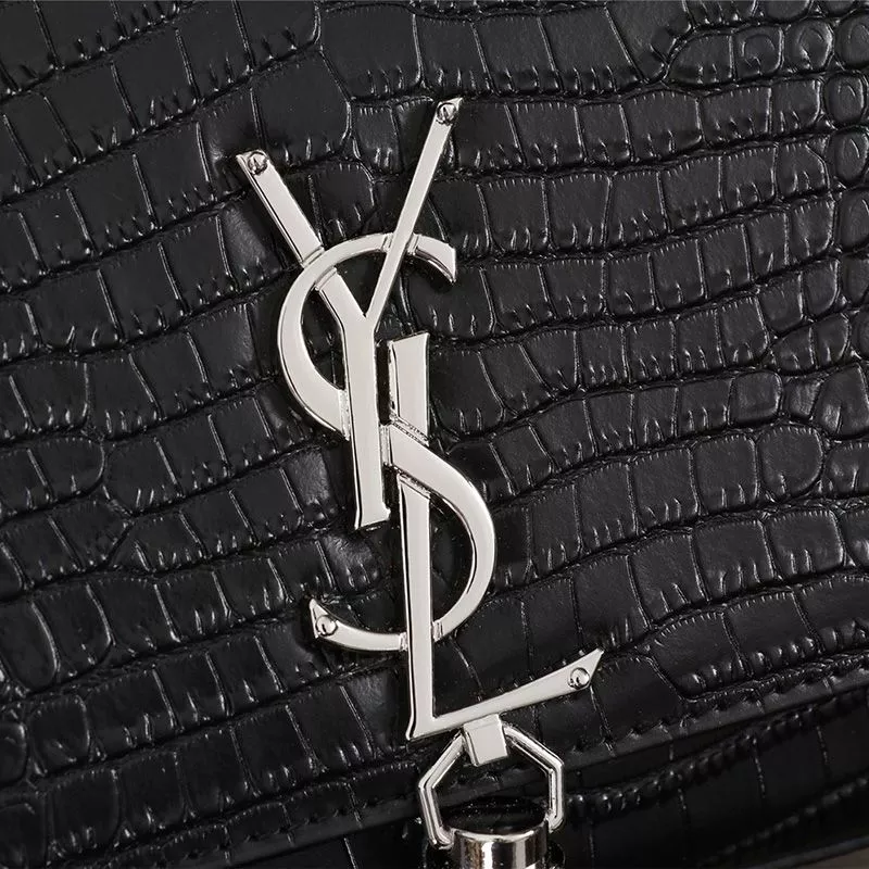 CHEAP Saint Laurent Medium Kate Chain Bag with Tassel In Crocodile Embossed Shiny Leather Black Silver 0120