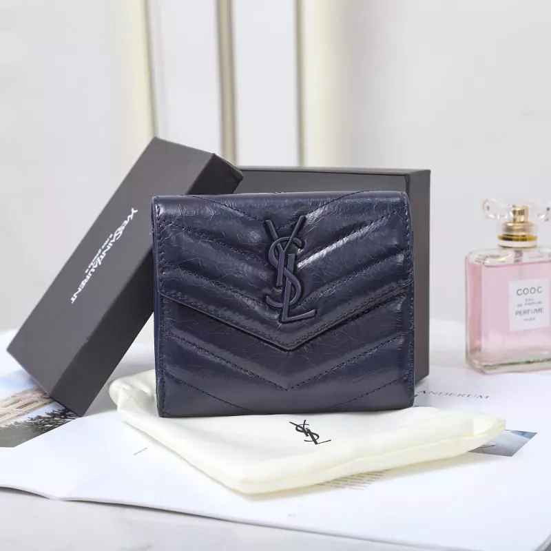 CHEAP Saint Laurent Small Monogram Trifold Wallet In Crinkled Matelasse Leather Navy Blue 0118