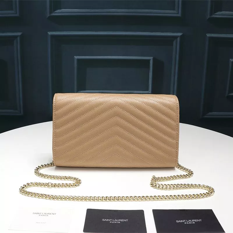 CHEAP Saint Laurent Large Monogram Chain Wallet In Textured Matelasse Leather Apricot Gold 0118