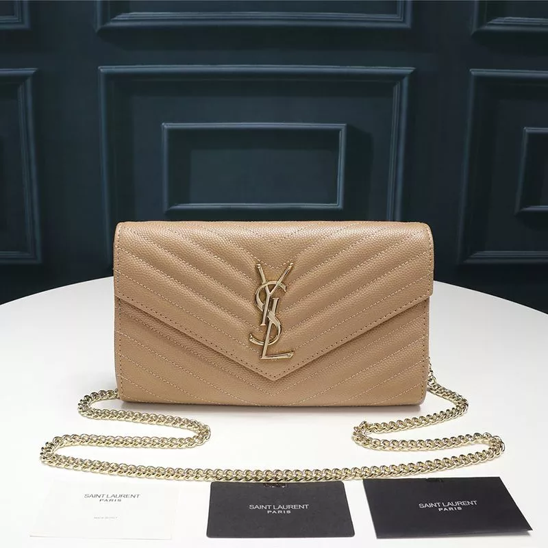 CHEAP Saint Laurent Large Monogram Chain Wallet In Textured Matelasse Leather Apricot Gold 0118