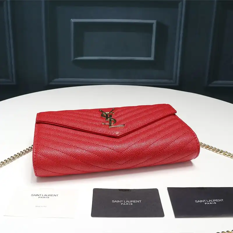 CHEAP Saint Laurent Large Monogram Chain Wallet In Textured Matelasse Leather Red Gold 0129