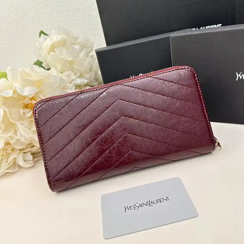 CHEAP Saint Laurent Large Cassandra Zip Around Wallet In Crinkled Matelasse Leather Burgundy 0129