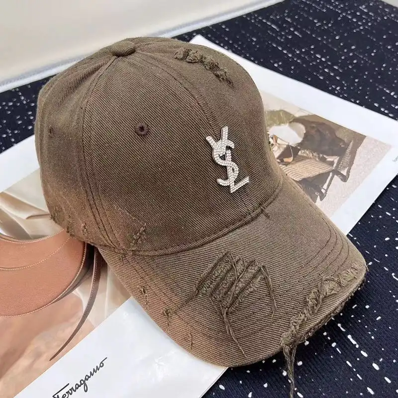 CHEAP Saint Laurent Baseball Cap In Washed Denim with Cassandre Crystals Brown 0126