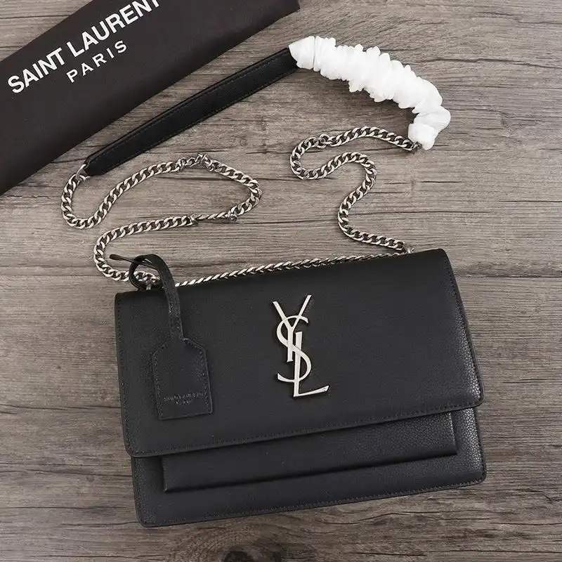 CHEAP Saint Laurent Medium Sunset Chain Bag In Textured Leather Black Silver 0125