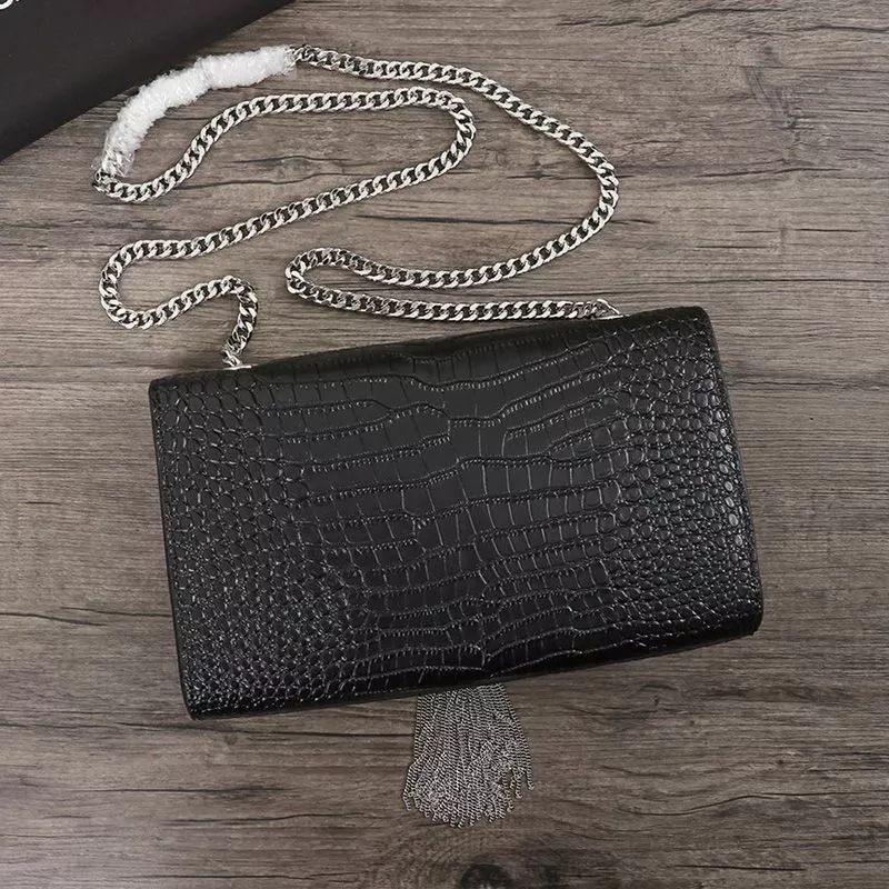 CHEAP Saint Laurent Medium Kate Chain Bag with Tassel In Crocodile Embossed Shiny Leather Black Silver 0120