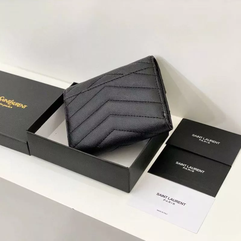 CHEAP Saint Laurent Small Envelope Trifold Wallet In Grained Matelasse Leather Black 0118