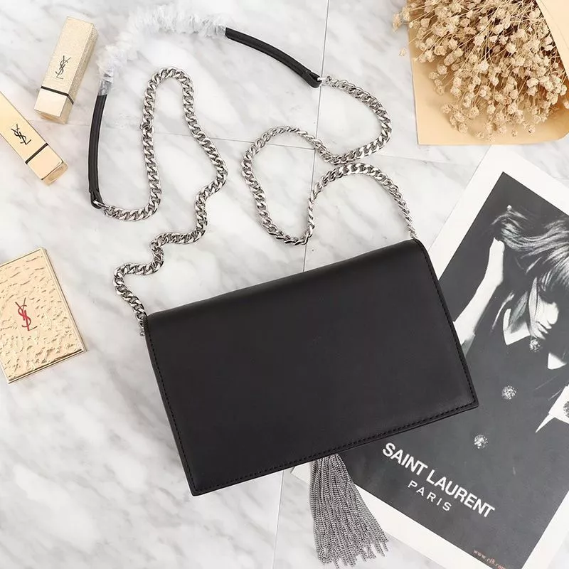 CHEAP Saint Laurent Large Kate Chain Wallet with Tassel In Leather Black Silver 0116