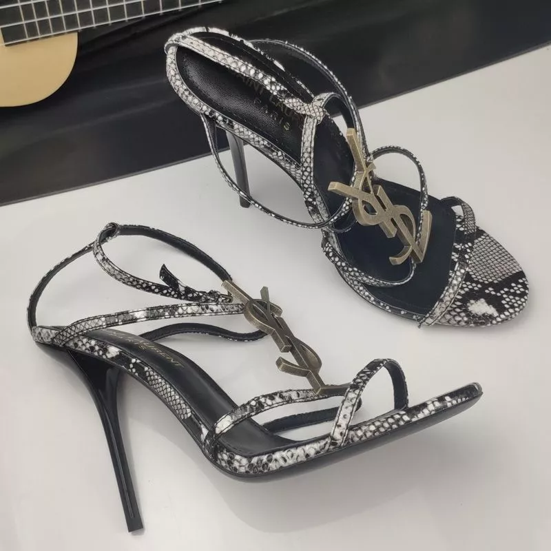 CHEAP Saint Laurent Cassandra Stiletto Sandals Women Python Leather Black Gold 0115