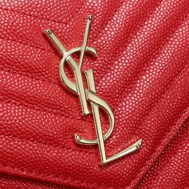 CHEAP Saint Laurent Large Monogram Chain Wallet In Textured Matelasse Leather Red Gold 0129