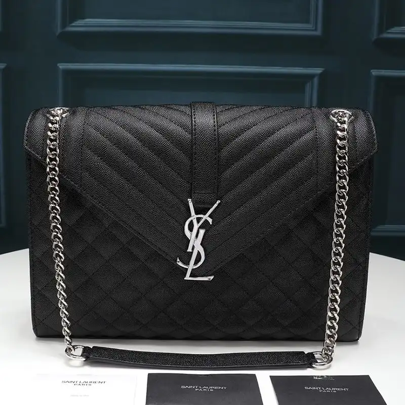 CHEAP Saint Laurent Large Envelope Chain Bag In Mixed Grained Matelasse Leather Black Silver 0125