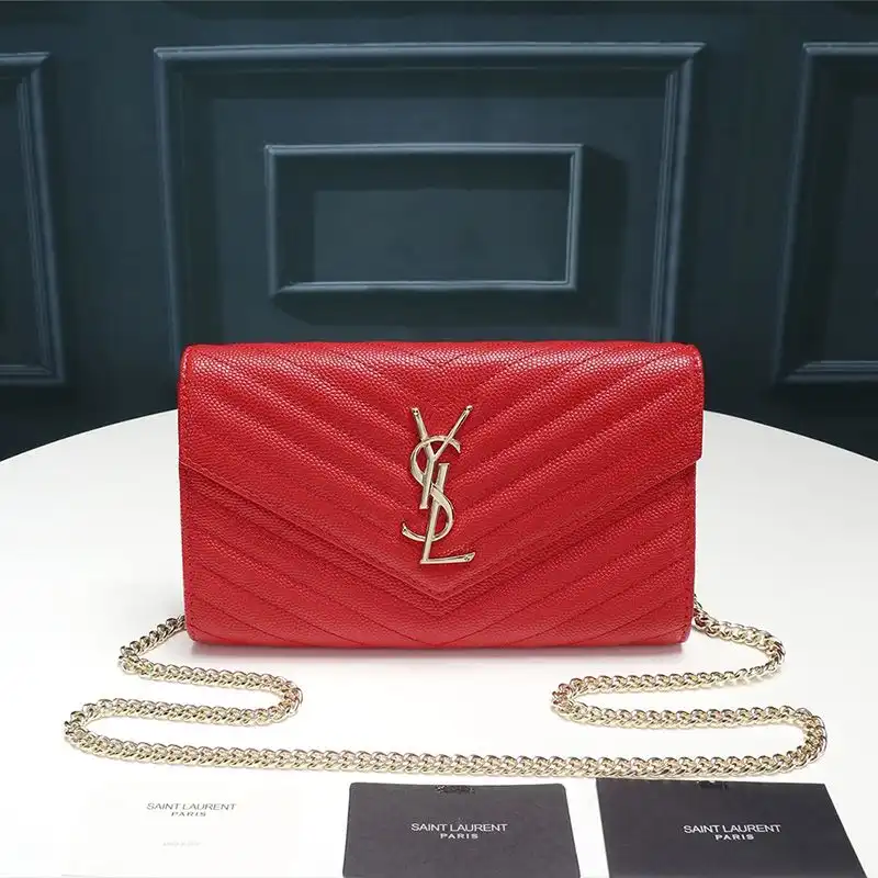 CHEAP Saint Laurent Large Monogram Chain Wallet In Textured Matelasse Leather Red Gold 0129