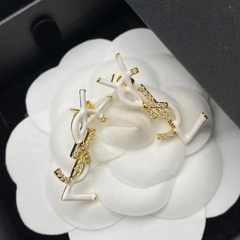 CHEAP Saint Laurent Opyum Earrings In Metal, Enamel and Crystals Gold White 0128