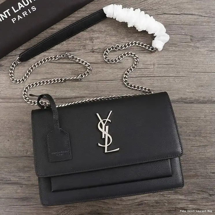 CHEAP In Textured Silver Bag Sunset Leather Medium Saint Laurent Chain Black 0212