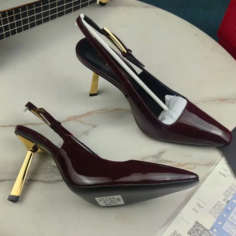 CHEAP Saint Laurent Lee Slingback Pumps Women Patent Leather Burgundy Gold 0203