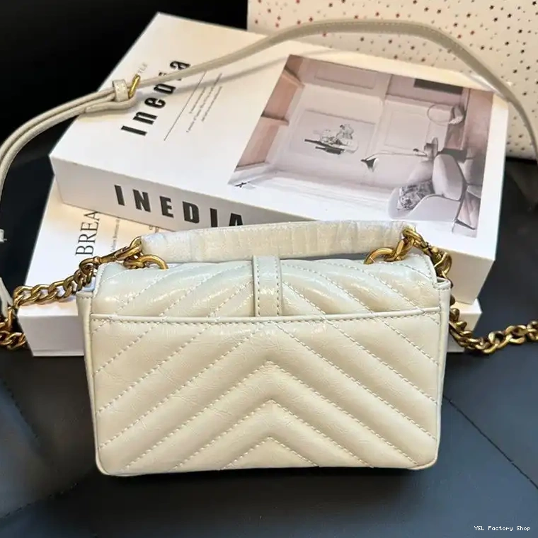 CHEAP Saint College Laurent Chain Mini Bag Matelasse White In Leather Crinkled Gold 0224