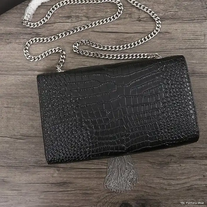 CHEAP Shiny Silver Laurent Saint Leather Embossed Kate Medium Bag Chain Crocodile with Black In Tassel 0210