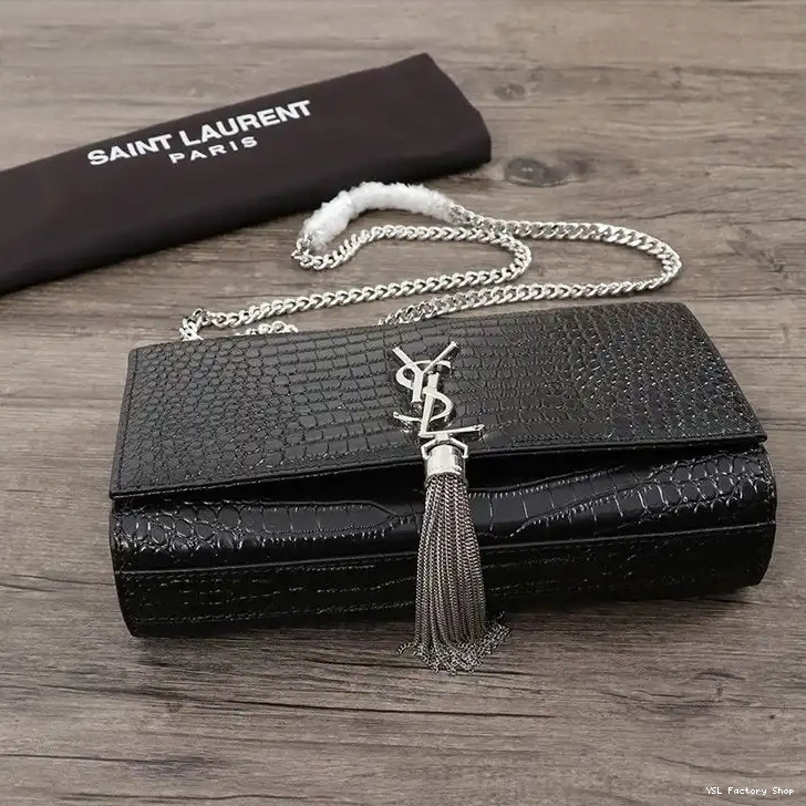 CHEAP Shiny Silver Laurent Saint Leather Embossed Kate Medium Bag Chain Crocodile with Black In Tassel 0210