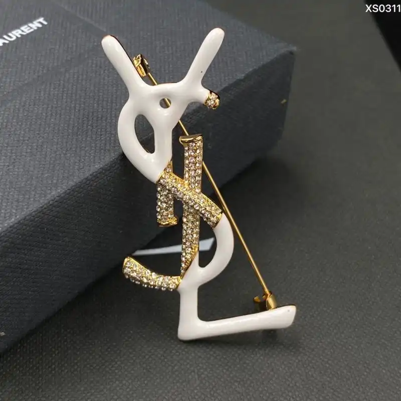 CHEAP Saint Laurent Opyum Brooch In Metal, Enamel and Crystals Gold White 0201