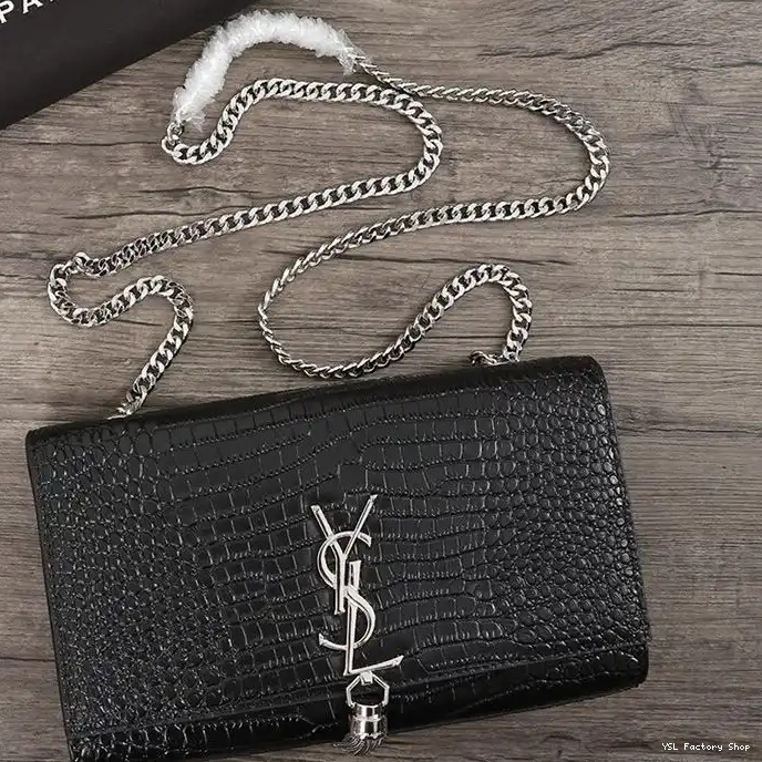 CHEAP Shiny Silver Laurent Saint Leather Embossed Kate Medium Bag Chain Crocodile with Black In Tassel 0210