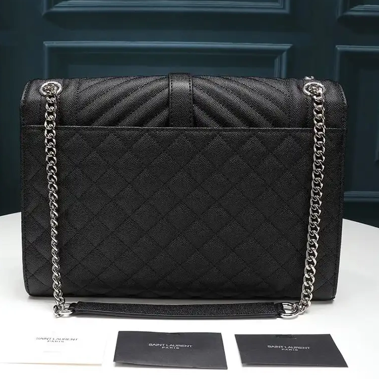 CHEAP Bag Mixed Saint Laurent Grained Matelasse Envelope In Large Black Chain Leather Silver 0213