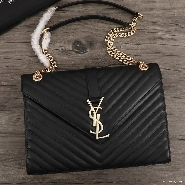 CHEAP Leather Saint Laurent Black Chain Envelope Gold Matelasse Bag In Large 0217