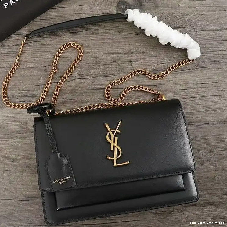 CHEAP Leather Gold Saint Laurent Bag Chain Sunset In Black Medium 0216