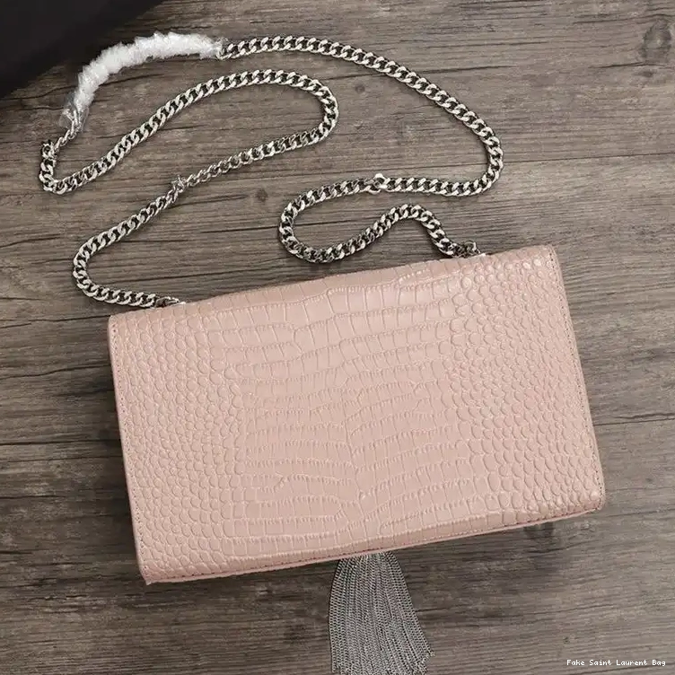 CHEAP Chain Embossed Bag Leather Pink Crocodile Silver Kate Laurent Medium Shiny with In Saint Tassel 0220