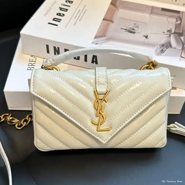 CHEAP Saint College Laurent Chain Mini Bag Matelasse White In Leather Crinkled Gold 0224