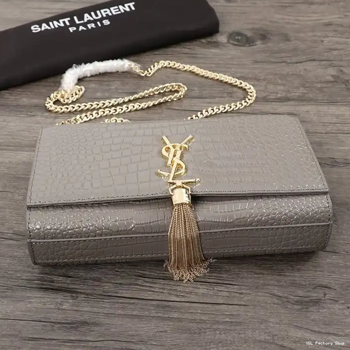 CHEAP Medium Saint Crocodile Shiny with Embossed Bag Kate Chain Tassel Laurent Leather Grey In Gold 0221