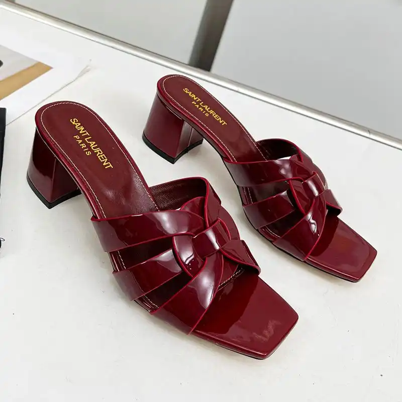 CHEAP Saint Laurent Tribute Heeled Slides Women Patent Leather Burgundy 0203